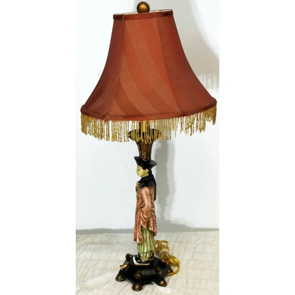 Berman Oriental Asian Man Figurine Lamp Red Lamp Shade Orange Fringe Trim Color
